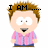 Pixelated cartoon character with brown hair, pink striped shirt, and blue pants appears in three states: full body, partial view behind gray rectangle, and cropped head.