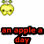 A static pixel art image of a yellow apple with green leaves and a smiling face, paired with red text on black backgrounds.