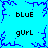 Pixelated blue background with repeating text and branching patterns, featuring 'bluE' and 'gUrl' in black pixel font arranged symmetrically.