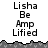 Pixelated text 'Lisha Be Amp Lified' appears in three above a gray landscape, with the rightmost partially obscured by a light gray rectangle