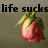 A pixelated rose bud with green stem and leaves appears in four with text overlays reading 'life sucks', 'get used', and 'to it' against a muted background