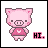 Pixelated pink pig in red shirt with white heart, standing on white background; second frame shows raised arms and speech bubble with pink flower.