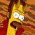 Yellow-skinned cartoon character with wide eyes and open mouth, wearing red shirt against brown background.