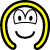 Pixelated gray face with yellow and black circular border, white eyes with black pupils, straight horizontal mouth line.