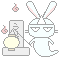 Pixelated bunny avatar with white body, pink-tipped ears, and closed eyes, holding a yellow lantern with flame icons above it.