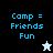 A split-screen animation shows four with 'Camp = Friends Fun' text and star icons changing from white to black