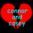 Red broken heart shape with cyan text 'connor and casey' on black background, showing slight animation difference