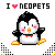 Pixel art penguin with red bow tie, pink cheeks, and yellow feet under 'I ❤️ NEOPETS' text on white background.