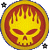 A circular icon with a yellow and red flame-like pattern forming a stylized face, bordered by blue and white pixels on a gray background.