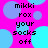 Pixelated text 'mikki rox your socks off' on a bright pink background with overlapping light blue and purple circles.