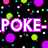 Pixelated text 'POKE-A-DOTS RULE!!!' in bright pink with white outlines on a black background filled with colorful dots and squares.