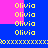 Yellow text "Olivia" repeats across blue and pink backgrounds with pixelated borders and horizontal yellow line separators.