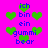 A static image with a bright pink background featuring green heart shapes and blue text reading "ich bin ein gummi bear" in multiple