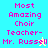 Pixelated text reads "Most Amazing Choir Teacher-Mr. Russell" on cyan and yellow backgrounds with a small star icon.