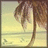 Pixelated static image of a palm tree with brown trunk and fronds against a yellowish sky and water background.
