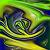 Pixelated abstract composition with swirling green, yellow, and blue tones forming indistinct shapes against a blurred background.