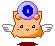A 3x3 contact sheet of pixel art frames showing a cartoon hamster-like character with wings and a blue circular symbol on its head, displayed against a gray background.