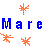 Pixelated orange and blue starburst shapes surround the text 'Mare Beth' in blocky lettering on a white background.