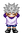 Pixel art character with spiky gray hair, purple and white shirt, blue shorts, black boots in multiple poses including standing, running, and side views.