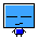 Pixelated character with blue body and black limbs stands before a large light blue screen, displaying two horizontal lines above a small angled line on the screen.