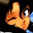 Pixelated anime-style character face with winking eye and raised hand next to stylized text on black background.