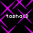 Pixelated text 'tasho<3' repeated four times over a black background with intersecting purple diamond-shaped lines.