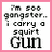 Pixelated static image with black text on white background framed by pink border, displaying a humorous gangster-themed phrase about carrying a squirt gun.