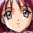 Pixelated anime-style character with brown hair and blue eyes on left, black background with white text on right.