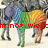 Rainbow-colored zebra with black-and-white striped background, red text overlays changing across frames.