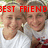 Two people in white shirts pose closely together with one resting their head on the other's shoulder, overlaid with red text reading BEST FRIEND FOREVER BFFS.