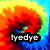 Pixelated icon with vibrant gradient background transitioning from yellow to orange to red to blue, featuring bold black text reading 'tyedye' in lowercase letters.