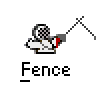 Pixel art animation of a fencer character with checkered mask and red mouth, holding a fencing foil in three distinct poses across sampled frames.