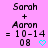 Pixelated text on pink background shows 'Sarah + Aaron = 10-14 08' with cyan heart symbol, two versions differ in heart's pixelation.
