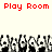 Red pixelated text "Play Room Play Room" spans the top of a light background above repeating black-and-white panda-like figures with raised arms.