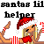 Pixel art icon of a blonde woman in Santa attire with raised arms, featuring text above her head and red accents on limbs.