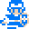 Pixelated blue character with white helmet and beige face, wearing blue armor with white accents on gray background.