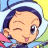 Pixelated anime-style character with dark blue hair and light skin winking, mouth open with tongue visible, wearing light blue hooded garment against yellow and green background.