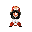 Pixel art character with red hair and black-and-white clothing performing multiple actions including standing, kicking, falling, and interacting with another figure.