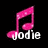 Pink musical note icon with white text below, showing three variations of the name 'jodie', 'phillips', and 'dance company' on black background.