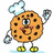 Animated cookie character with chocolate chips, chef's hat, and yellow shoes, waving in a pixelated style.