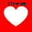 Four white heart shapes on a red background with the word 'Stream' in black pixelated text above each heart.