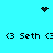 Pixelated cyan background with black text and symbols, including a heart icon at top center and two dot clusters on the upper corners.