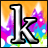 Pixelated static icon featuring a large stylized letter K with black outline and white fill against vibrant gradient background of orange, purple, pink, blue, green hues.