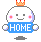 Pixelated character with white rounded head, pink cheeks, black square eyes, orange crown, blue banner reading HOME, and gray shadow on light gray background.