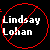 Static pixel art icon with red circular border and diagonal line over white text reading "Lindsay Lohan" on black background.