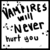 Pixelated black-and-white icon displays text 'I'M SURE I'LL NEVER hurt you' with scattered pixel clusters around the edges.