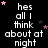 Black background with white text repeating 'hes all I think about at night' and scattered pink/purple stars, gray rectangle in bottom-right corner.