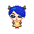 Pixel art character with blue hair, brown horns, black glasses, and an orange outfit against a gray background.