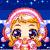 Pixelated cartoon character with blonde hair and pink earmuffs in four expressions against a blue starry background.