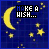 pixelated frames showing a night sky with yellow crescent moon and stars, transitioning between text 'MAKE A WISH...' and 'I WISH YOU WERE MINE' in white block letters
